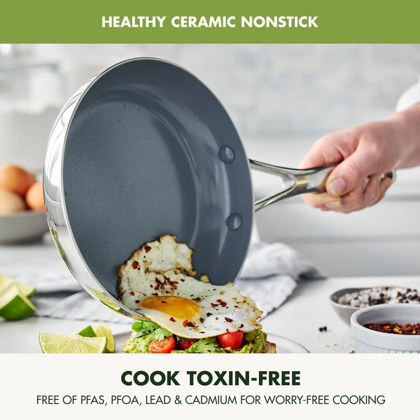 Valencia Pro Tri-Ply Stainless Steel 8” & 10” Frying Pan Skillet Set, Pfas-Free Ceramic Nonstick Coating, Induction Ready Cookware, All Cooktops, Eggs & Omelets, Dishwasher & Oven Safe 600F2
