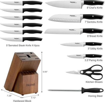 Knife Set, German Stainless Steel, Black, 14-Piece Kitchen Knives | Full Tang Handle, Ultra-Sharp, Knife Block & Sharpener Included, Rust-Resistant, Dishwasher-Safe, Gift for Chefs, BBQ Prep8