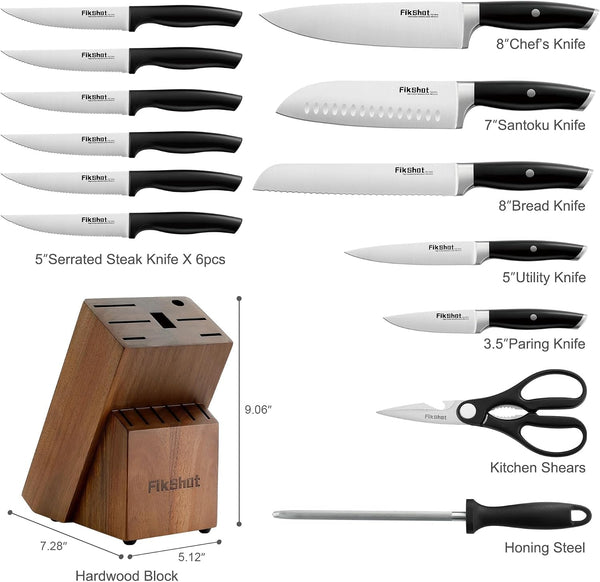 Knife Set, German Stainless Steel, Black, 14-Piece Kitchen Knives | Full Tang Handle, Ultra-Sharp, Knife Block & Sharpener Included, Rust-Resistant, Dishwasher-Safe, Gift for Chefs, BBQ Prep8