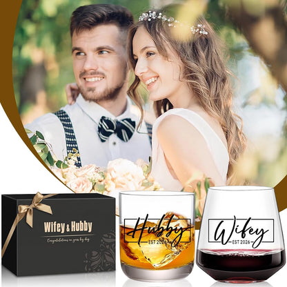 Wedding Gifts for Couples 2026,Hubby & Wifey Wine&Whiskey Glass Set,Bridal Shower Gifts for Bride and Groom, Newly-Married Gifts for Him and Her，Mr and Mrs Gifts,His and Hers Glass7