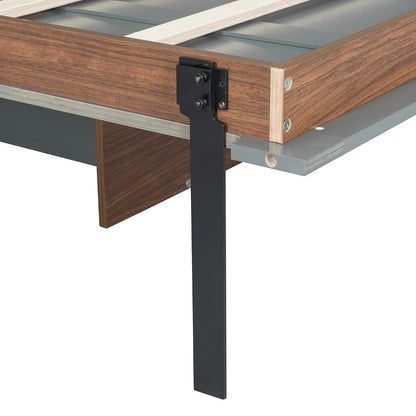 Full Size Murphy Bed Wall Beds with Foldable Desk and Hardware Chain,Cabinets Bed W/Metal Leg & Slat Support,Space Saving Bedroom Furniture for Small Space Apartment,Walnut & Gray7