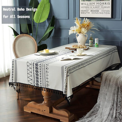 Cotton Linen Rectangle Tablecloth Boho Tassel Design Table Cloth Farmhouse Decor Oblong Wrinkle Free Indoor Outdoor Table Cover for Party, Picnic, Kitchen and Dining Room,55”X102”, 8-10 Seats2