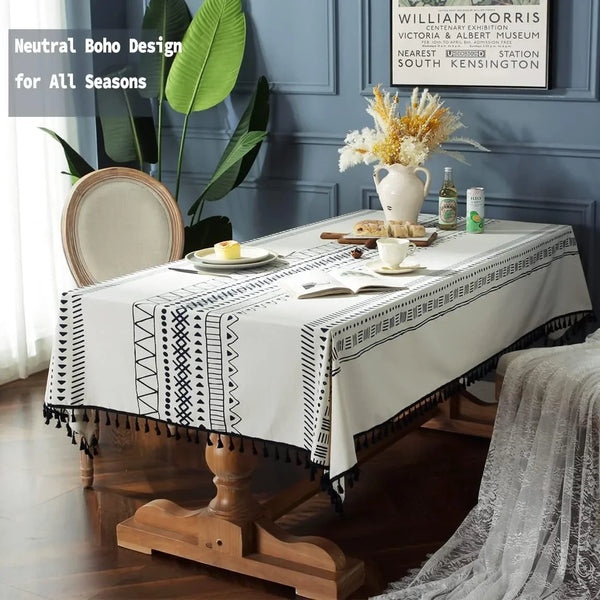 Cotton Linen Rectangle Tablecloth Boho Tassel Design Table Cloth Farmhouse Decor Oblong Wrinkle Free Indoor Outdoor Table Cover for Party, Picnic, Kitchen and Dining Room,55”X102”, 8-10 Seats2