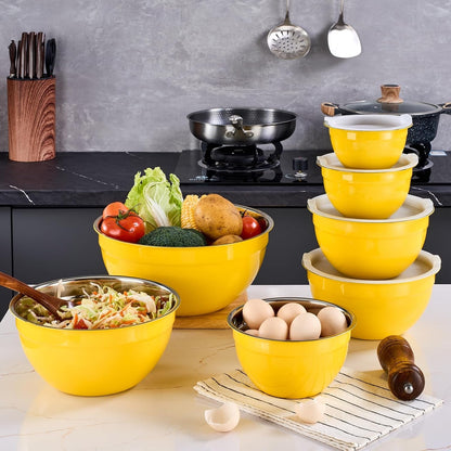 Yellow Mixing Bowls with Airtight Lids,Stainless Steel Bowl,Salad Bowls 7 Piece Colorful Nesting Bowl Yellow Kitchen Accessories,Size 7,3.6,2.7,2.1,1.5,1.1,0.8QT Stackable Design9