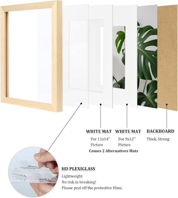 12X16 Picture Frame Natural Wood Made of Solid Wood with Plexiglass, Display Pictures 9X12/11X14 with Mat or 12X16 without Mat, for Wall Mounting Photo Frame4