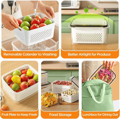 5-Pack Fruit Storage Containers for Fridge with Removable Colanders, 4 in 1 Produce Storage Containers with Lids, Leakproof Fridge Organizer Bins for Salad Berry Lettuce Vegetables Meat Keeper Fresh6