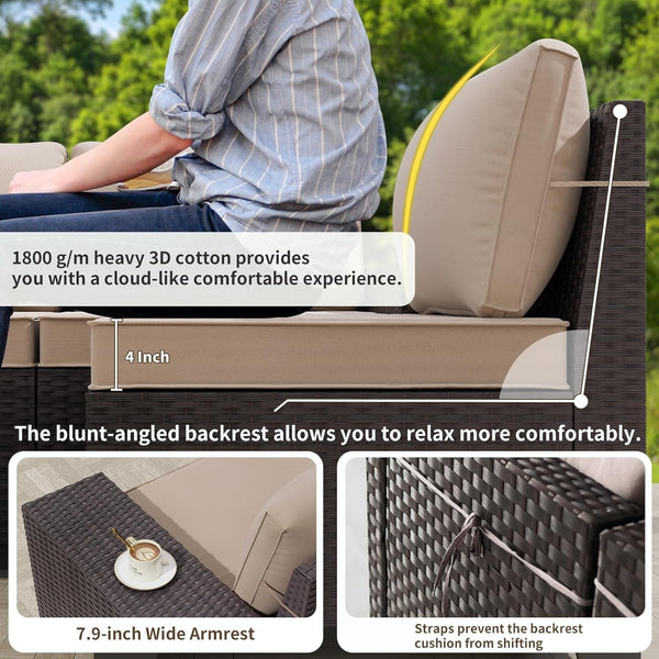 7 Pieces Patio Furniture Set with 55000BTU Fire Pit Table, Wicker Patio Set with Wide Armrests 29.5'' High Backrest Thick Cushions 1 Coffee Table, Outdoor Furniture for Porch Deck Khaki6