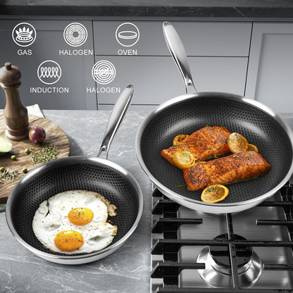 8" Non Stick Frying Pans,Stainless Steel Nonstick Frying Pan | Honeycomb Nonstick Coating, Pfoa-Free & Non-Toxic. Compatible with All Stoves, Easy to Clean.Oven &Dishwasher Safe4