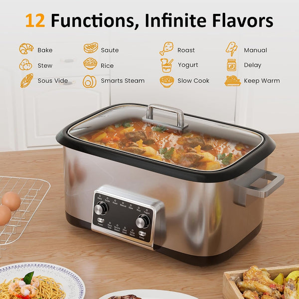 12-In-1 Programmable Slow Cooker, 8 Quart Slow Cooker with Timer, Temp Control and Auto Shut Off, Multi Cooker with Steaming Rack, Dishwasher-Safe Visual Glass Lid, Stainless Steel6