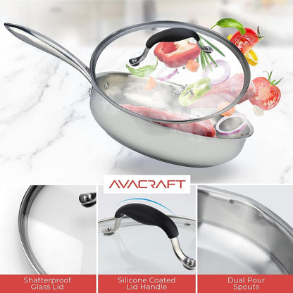 10 Inch 18/10 Stainless Steel Frying Pan with Lid | 18/10 Stainless Steel, 5-Layer Capsule Base, Tempered Glass Lid, Drip-Free Pour Spouts, Induction Compatible, Dishwasher Safe4