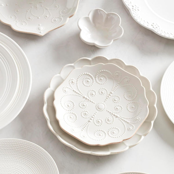 French Perle Scallop White Stoneware 18-Piece Dinnerware Set for 69