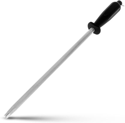 12-Inch Knife Sharpening Rod, Fine Carbon Honing Steel, Black Handle | Nickel-Chrome Plated, Magnetized Rod Realigns Knife Edges, Non-Slip Grip and Hanging Loop, Wipe Dry1
