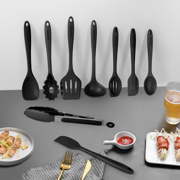 Kitchen Utensil Set - 11 Cooking Utensils - Colorful Silicone Kitchen Utensils - Nonstick Cookware with Spatula Set - Colored Best Kitchen Tools Kitchen Gadgets (Black)3