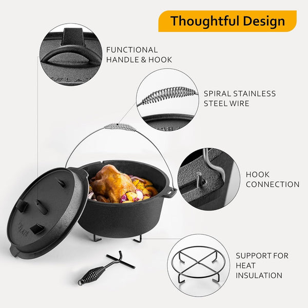 10 QT Pre-Seasoned Cast Iron Camping Dutch Oven Pot with Lid | Comes with Metal Handles, Lid Lifter,Stand Support,Use in Oven, on Stove,Grill,Or over Campfire,Capacity for 4-8 People5