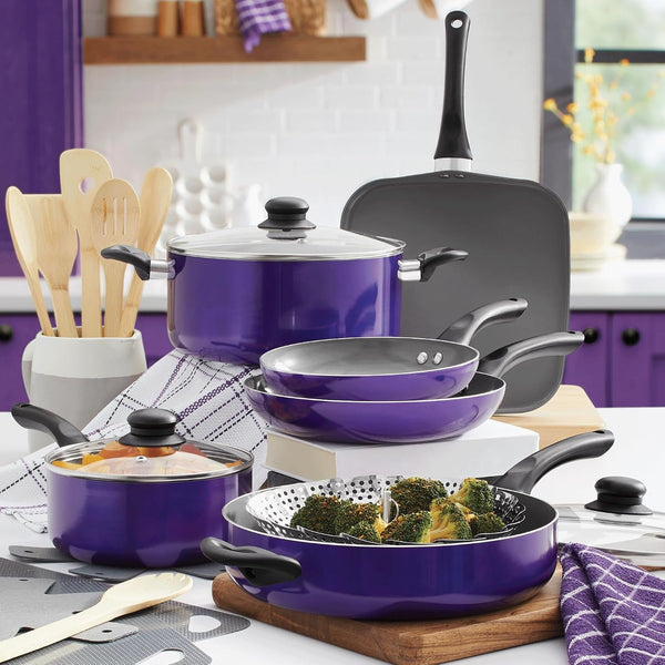 20-Piece Ceramic Metallic Cookware Set, Nonstick - Amethyst | 20-Piece Cookware Set with Ceramic Nonstick Interiors, Glass Lids, Utensils, Strainer, Pads, and Griddle Pan.1