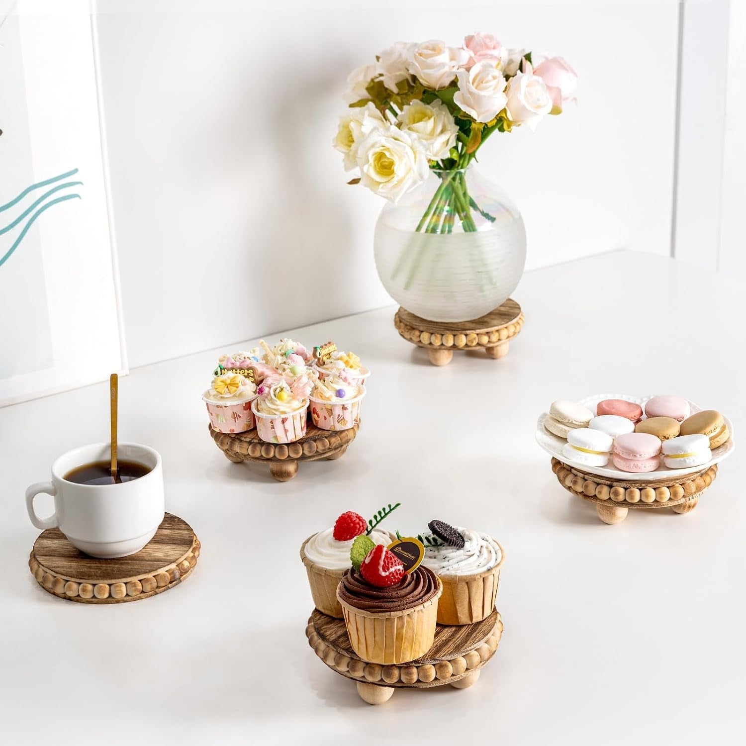 round-wood-risers-for-display-2p-beaded-riser-distressed-decor-stable-wood-coaster-rustic-farmhouse-pedestal-display-riser-for-cake-plant-stand-tiered-ball-decoration-raised-high-holder