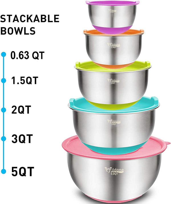 Mixing Bowls with Airtight Lids Set, 5PCS Stainless Steel Nesting Bowls for Kitchen, with Grater Attachments & Non-Slip Bottoms, Size 5, 3, 2, 1.5, 0.63 QT, for Baking & Serving (Colorful)7