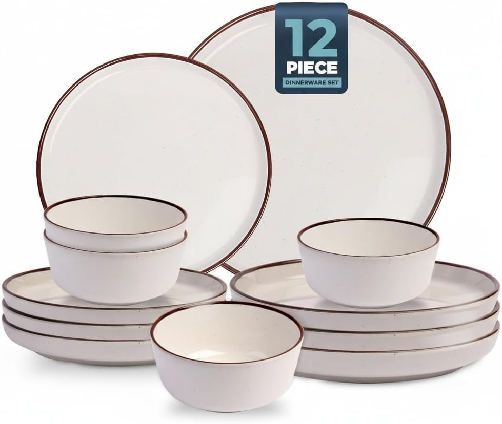 12-piece-melamine-dinnerware-sets-for-4-white-base-with-speckles-modern-plates-and-bowls-sets-lightweight-shatterproof-durable-dishware-for-camping-picnic-partywhite-with-dark-brown-rim