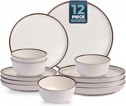 12 Piece Melamine Dinnerware Sets for 4, White Base with Speckles,Modern Plates and Bowls Sets, Lightweight Shatterproof Durable Dishware for Camping Picnic Party(White with Dark Brown Rim)1