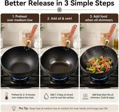 9.5-Inch Carbon Steel Wok with Lid, Flat Bottom Stir Fry Pan | Deep 3.5 QT Bowl for 1–2 Servings; Smooth Carbon Steel Surface; Flat Base for Induction, Gas, Electric and Ceramic Cooktops8