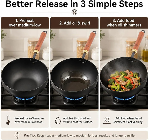 9.5-Inch Carbon Steel Wok with Lid, Flat Bottom Stir Fry Pan | Deep 3.5 QT Bowl for 1–2 Servings; Smooth Carbon Steel Surface; Flat Base for Induction, Gas, Electric and Ceramic Cooktops8