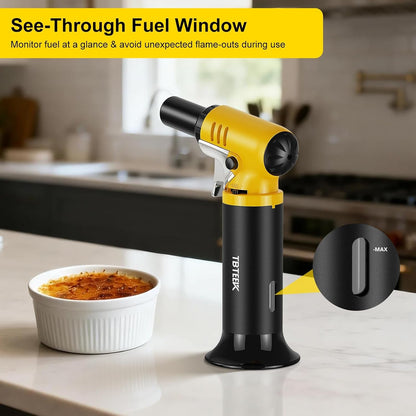 Butane Torch with Fuel Gauge T907, One-Hand Operation Kitchen Torch Lighter with Adjustable Flame for BBQ, Baking, Brulee Creme, Crafts and Soldering(Butane Gas Not Included) | Safety Stopper，2500°F Adjustable Continuous Flame Mode，One-Hand Operation, Easy to Light，Extended Nozzle(Butane Not Included)5