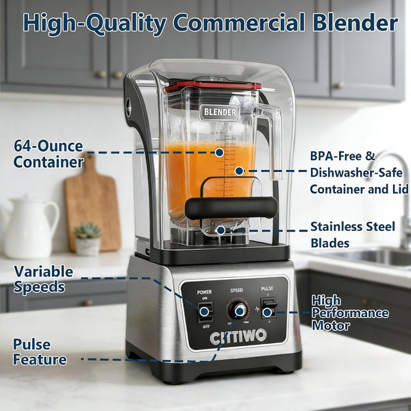 Cittiwo Commercial Blender with 64Oz Jar, Self-Cleaning Smoothie Blender | Countertop Blender for Smoothie, Frozen Drinks, Ice Crushing, Adjustable Speed Blending, Pulse Control, Low Noise3