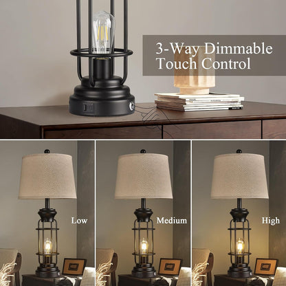 Table Lamp Set of 2 with USB Ports, 28" Tall Farmhouse Table Lamp with 2 Nightlight Bulbs,Touch Control Table Lamps for Bedroom, Rustic Bedside Lamp for End Tables,Bulbs Included,Black5