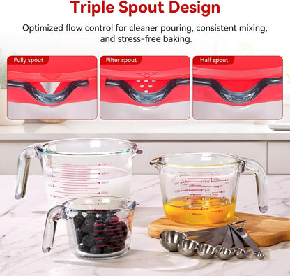 10 Pack Glass Measuring Cup Set with Lids, Stackable Handled Liquid Cups in 1, 2, 4 Cup Sizes, Comes with 6 Size Measuring Spoons and Strainer, Kitchen Nesting Baking Measuring Tools5