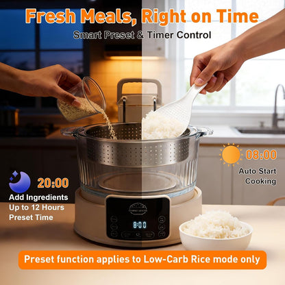 3L Low Carb Rice Cooker, 800W Rice Cooker That Removes Starch | Designed as a Low Sugar Rice Cooker with 4-Stage Starch Removal, Low Carb Rice Cooker for Healthier Rice Cooking.3