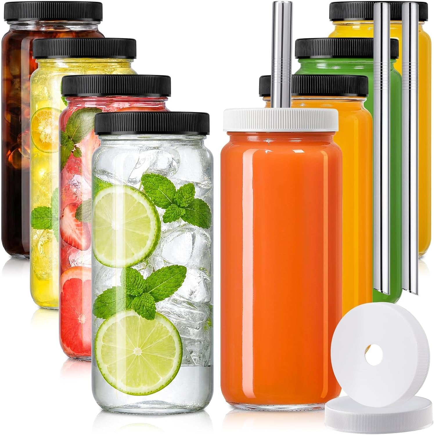 8-pack-16oz-glass-juice-bottles-with-8-sealed-lids-2-straw-lids-straws-food-grade-thick-glass-freezable-airtight-juicer-container-travel-juicing-jars-drinking-water-cups-for-tea-smoothies