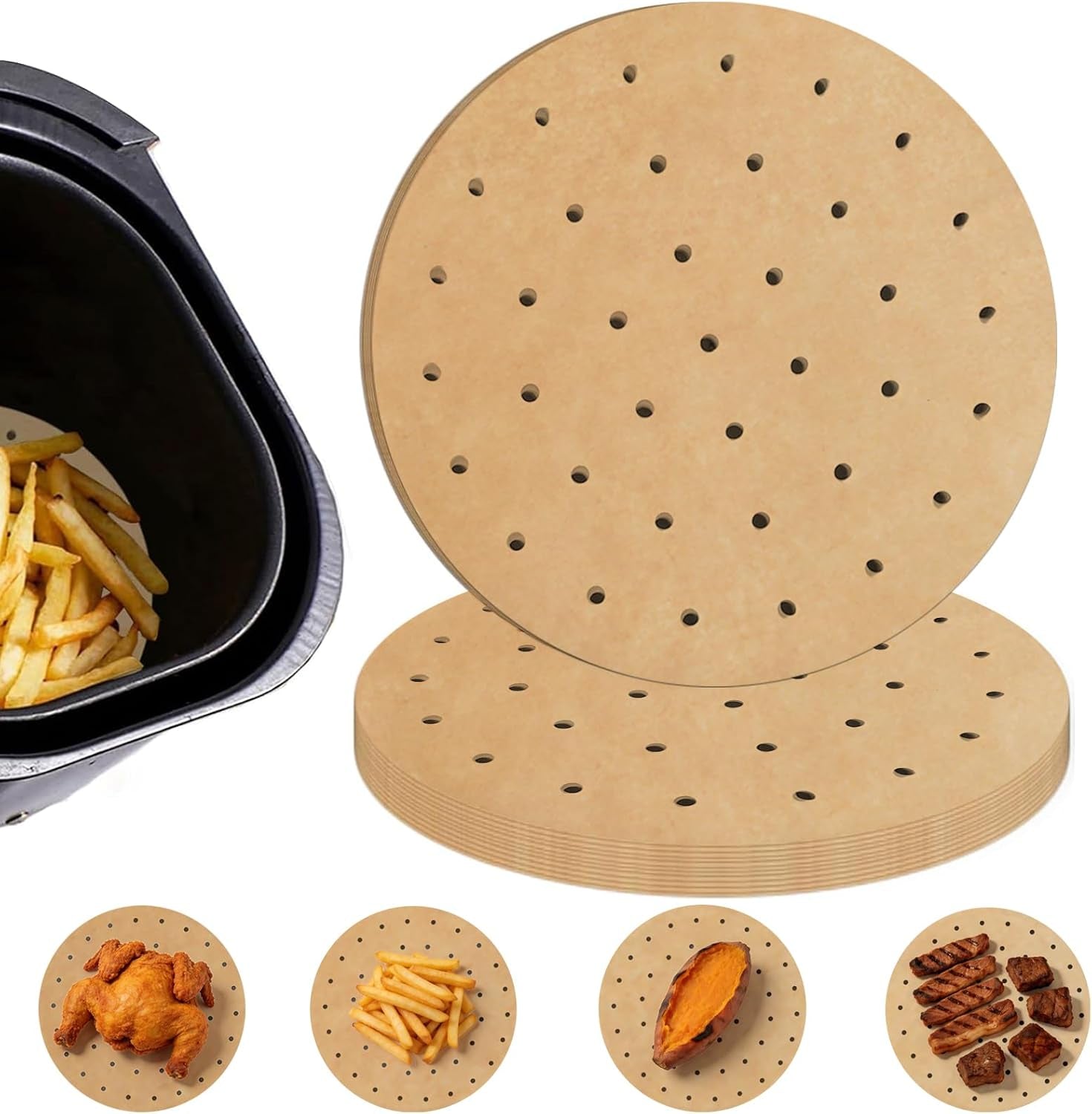 air-fryer-parchment-paper-liners-8-inch-100-pcs-pre-cut-non-stick-unbleached-paper-fits-3-5-6qt-air-fryers-disposable-and-durable-microwave-and-steaming-basket-safe