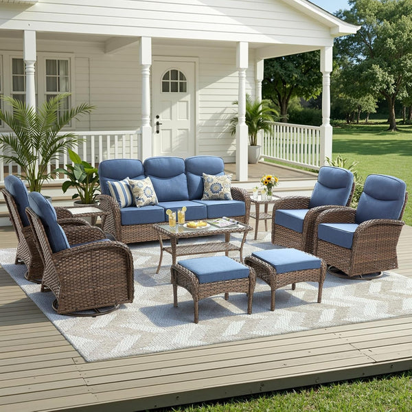 10 Pieces Luxury Outdoor Patio Furniture Set with 6-Inch Thick Cushions, Wicker Outdoor Furniture with High Back Swivel Patio Chairs Set of 4, Wicker Conversation Set for Deck Garden Porch, Blue1