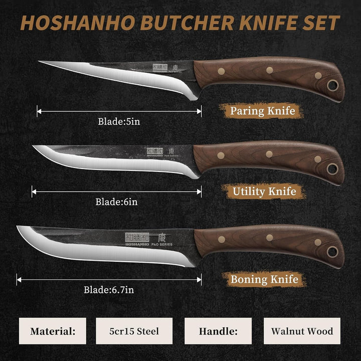 Butcher Knife Set 3PCS, Sharp Fillet & Utility & Paring Knife Set | Hand Forged Kitchen Knife Set, Upgraded High Carbon Stainless Steel Meat Cutting for Home, Outdoor, Gift for Men+2