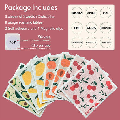 Swedish Dishcloths for Kitchen, 8 Pack Reusable Paper Towels with Clips, Non-Scratch Swedish Kitchen Towels, Super Absorbent Cellulose Sponge Cloths, Dishwasher Safe, No Odor6
