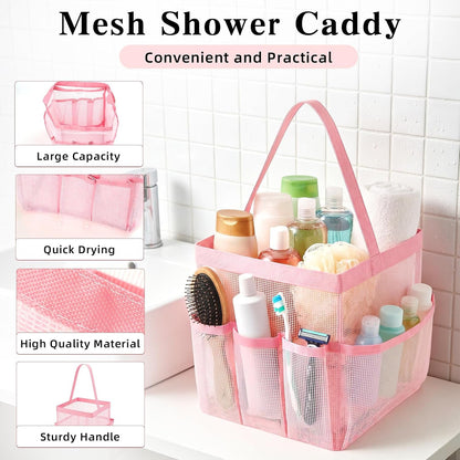 Mesh Shower Caddy, 9 Pocket Large Capacity Beach Tote Bag with Handle,Portable Shower Caddy Bag for College Dorm Room Essentials, Pink Hanging Bathroom Bag for Toiletry, Swimming, Gym, Camp, Beach4