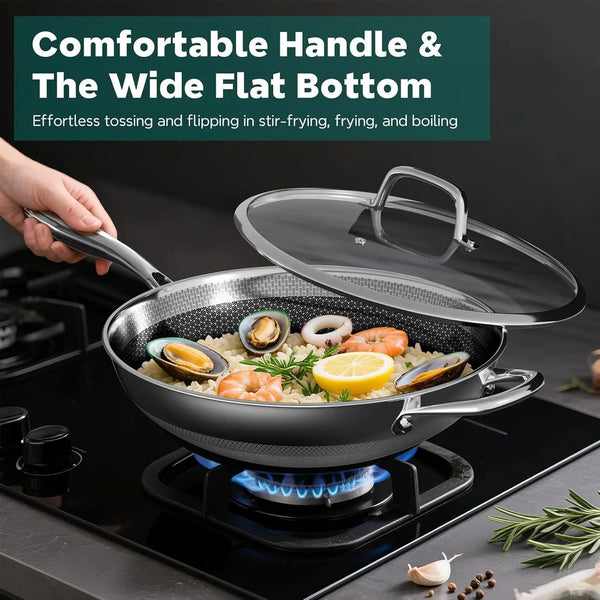 Wok Pan, 13-Inch Stainless Steel Woks & Stir-Fry Pans Nonstick, Wok Pan with Lid for Induction, Hybrid，Electric, Gas, Halogen, All Stoves, Professional PFOA Free Cookware, Dishwasher & Fast Heat8