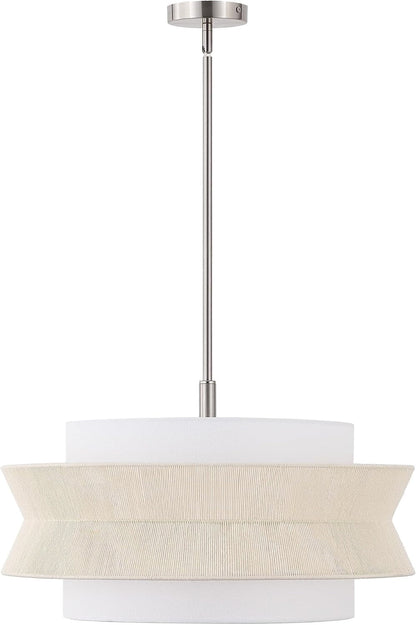 24 in 5-Light Drum Chandelier, Modern Farmhouse Hanging Light with Dual-Layer Woven Rope & Fabric Shade, Brushed Nickel Pendant Light, Adjustable for Dining Room, Kitchen Island, Entryway5