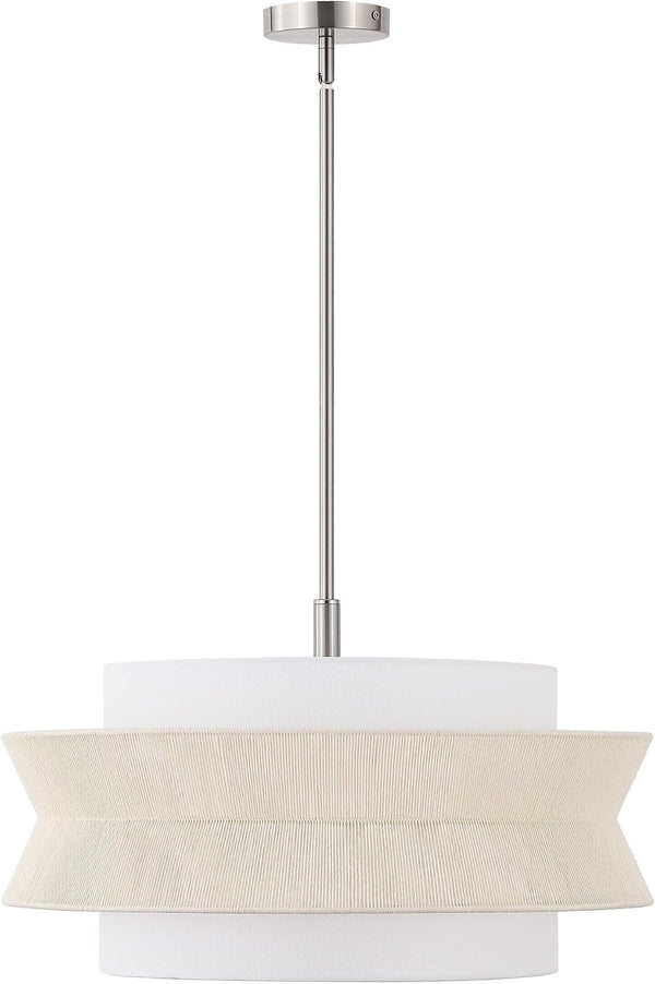 24 in 5-Light Drum Chandelier, Modern Farmhouse Hanging Light with Dual-Layer Woven Rope & Fabric Shade, Brushed Nickel Pendant Light, Adjustable for Dining Room, Kitchen Island, Entryway5