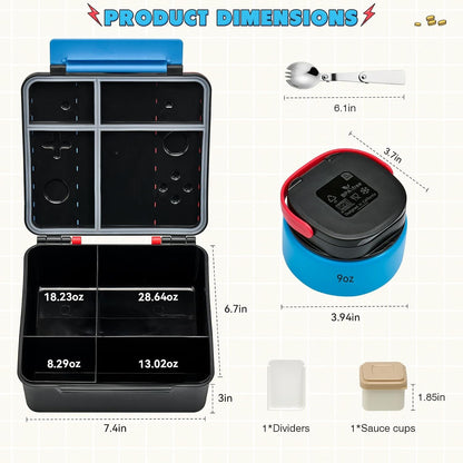 Game Bento Box for Kids, Lunch Box with Thermo(9Oz Food Jar), Folding Spoon, Removable Divider & Sauce Cup, Lunch Box Kids for School,Travel, Bpa-Free & Realistic Shape(Blue-Red)6