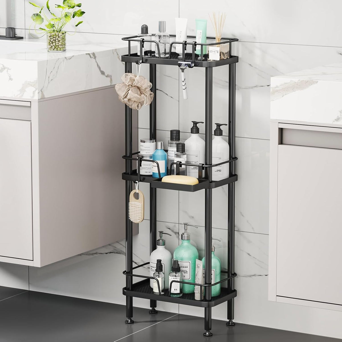standing-corner-shower-caddy-3-tier-corner-shower-organizer-with-soap-holder-rustproof-stainless-steel-bathroom-shelf-with-4-hooks-black