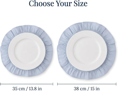 Round Ruffled Linen Blend Placemats, 15 Inch Scalloped Table Mats, Set of 46
