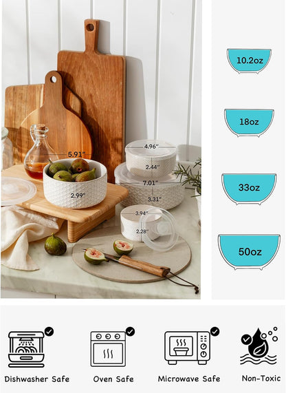 Serving Bowls with Lids, Ceramic Nesting Bowls Set of 4, Off-White3