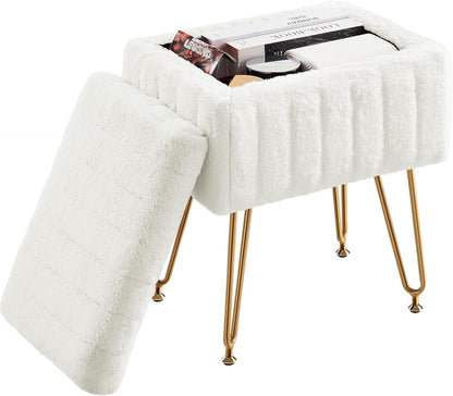 Vanity Stool Chair Ottoman with Storage, Makeup Cute Soft Small Footstool Modern Style Faux Fur Seat with 4 Metal Legs & Adjustable Feet for Dressing Living Room Bedroom Dorm1