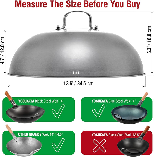 Wok Lid 13.6 Inch - Premium Stainless Cover with Tempered Glass Insert Steam Holes - Dishwasher-Safe Lid for 14-Inch Wok - Chees Melting Dome for Griddle | Dishwasher-Safe Lid with Tempered Glass - Steam Holes -Ergonomic Handle, Cheese Melting Dome for Griddle, Grill Basting Cover3