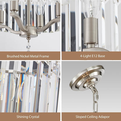 Modern Crystal Chandeliers round 4-Light Large Brushed Nickel Pendant Lighting Fixture for Dining Room Living Room Kitchen Island Bedroom Hallway Hall Foyer, 15.7"3