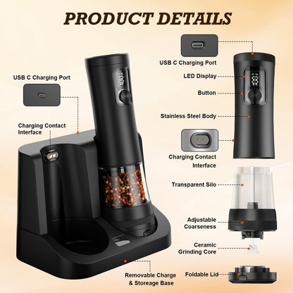 Electric Salt and Pepper Grinder Set, Automatic Refillable Salt and Pepper Shakers 2-Speed Setting with LED Light and 5 Adjustable Coarseness,Practical and Convenient Kitchen Gadgets,All-Black8