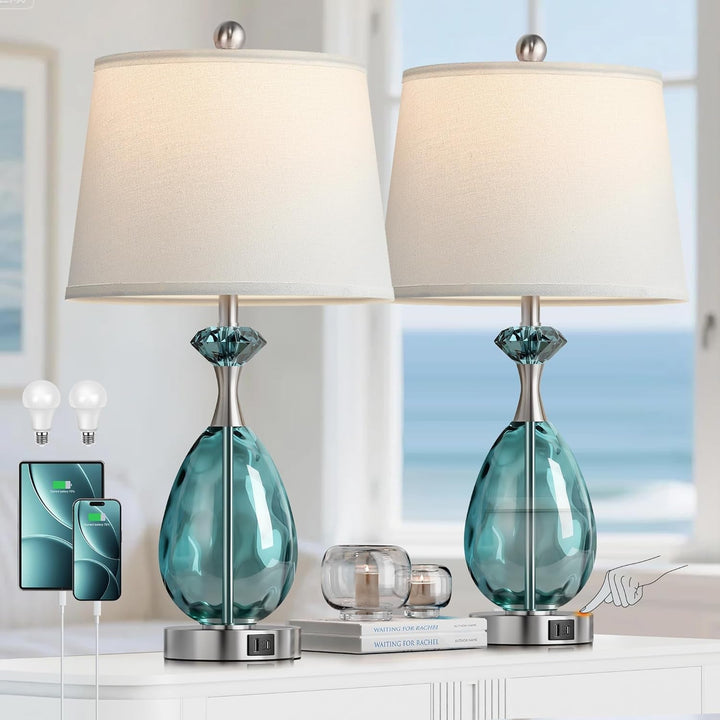 Coastal Glass Table Lamps Set of 2, 3-Way Dimmable Touch Control Nautical Lamp with USB A+C Ports,Bedside Lamp Beach Decor,Nightstand Lamp with White Shade for Living Room Bedroom(Led Bulbs Included)