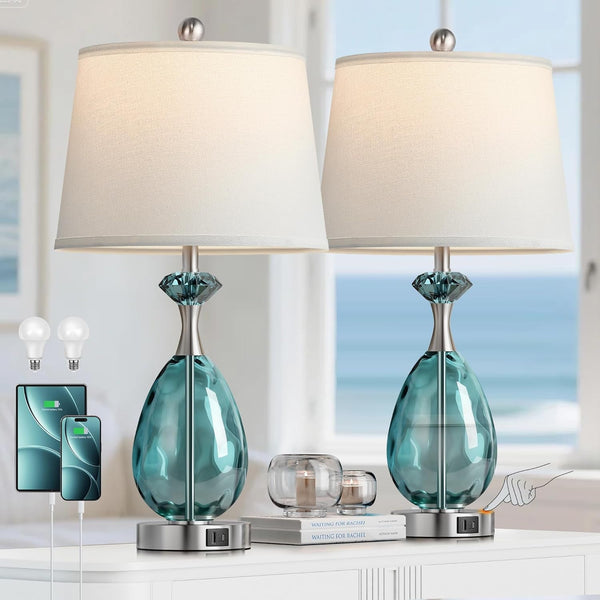 Coastal Glass Table Lamps Set of 2, 3-Way Dimmable Touch Control Nautical Lamp with USB A+C Ports,Bedside Lamp Beach Decor,Nightstand Lamp with White Shade for Living Room Bedroom(Led Bulbs Included)1