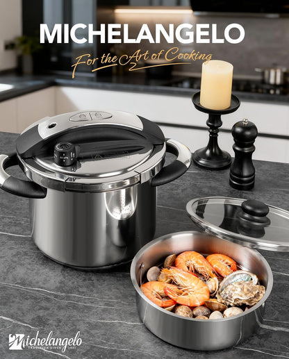 6.3QT Pressure Cooker Stainless Steel, Induction Ready | Safer Pressure Control for Beans, Stews, Rice and Broth, One-Touch Locking Lid, with Glass Lid, Steamer and a Spare Gasket8